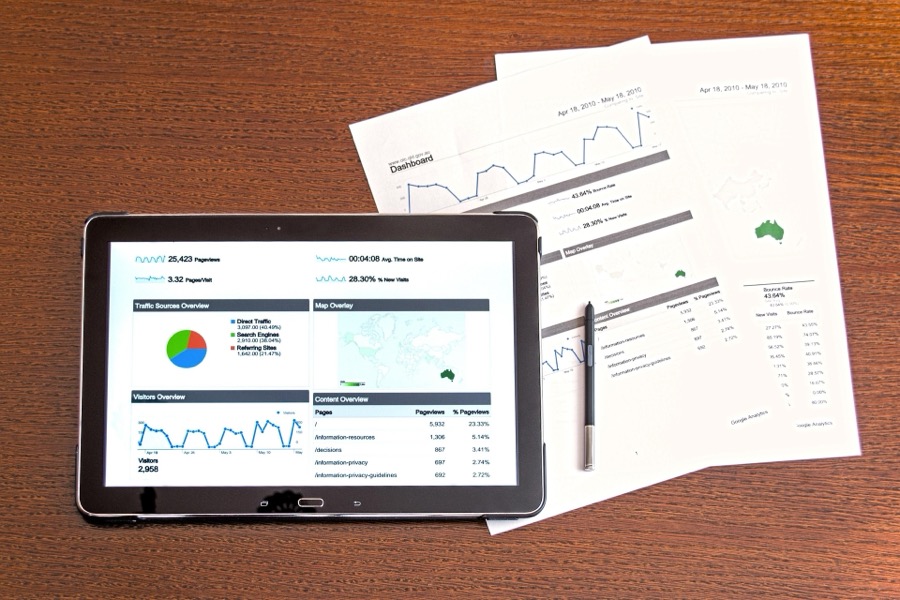 Tablet showing analytics dashboards and printed reports